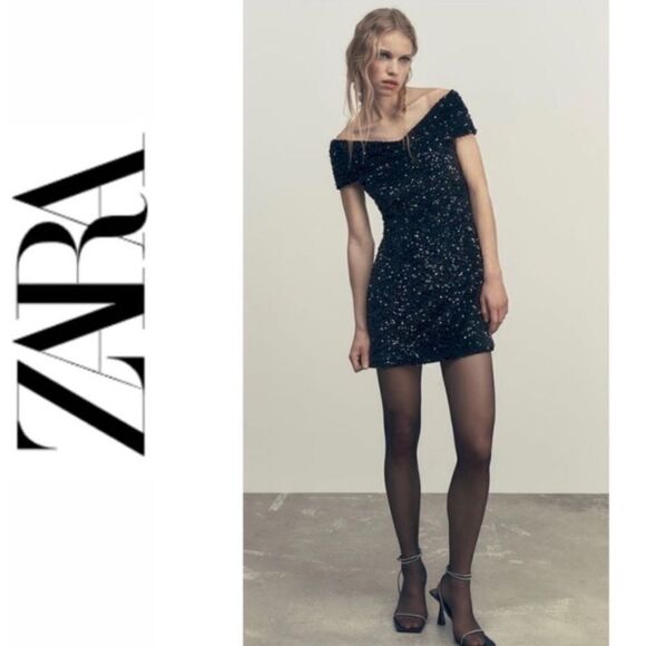 NEW ZARA Black Sequin Off Shoulder Mini Dress - Picture 1 of 5